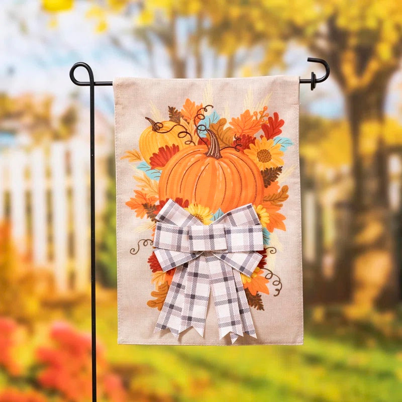 Pumpkin and Bow Garden Burlap Flag