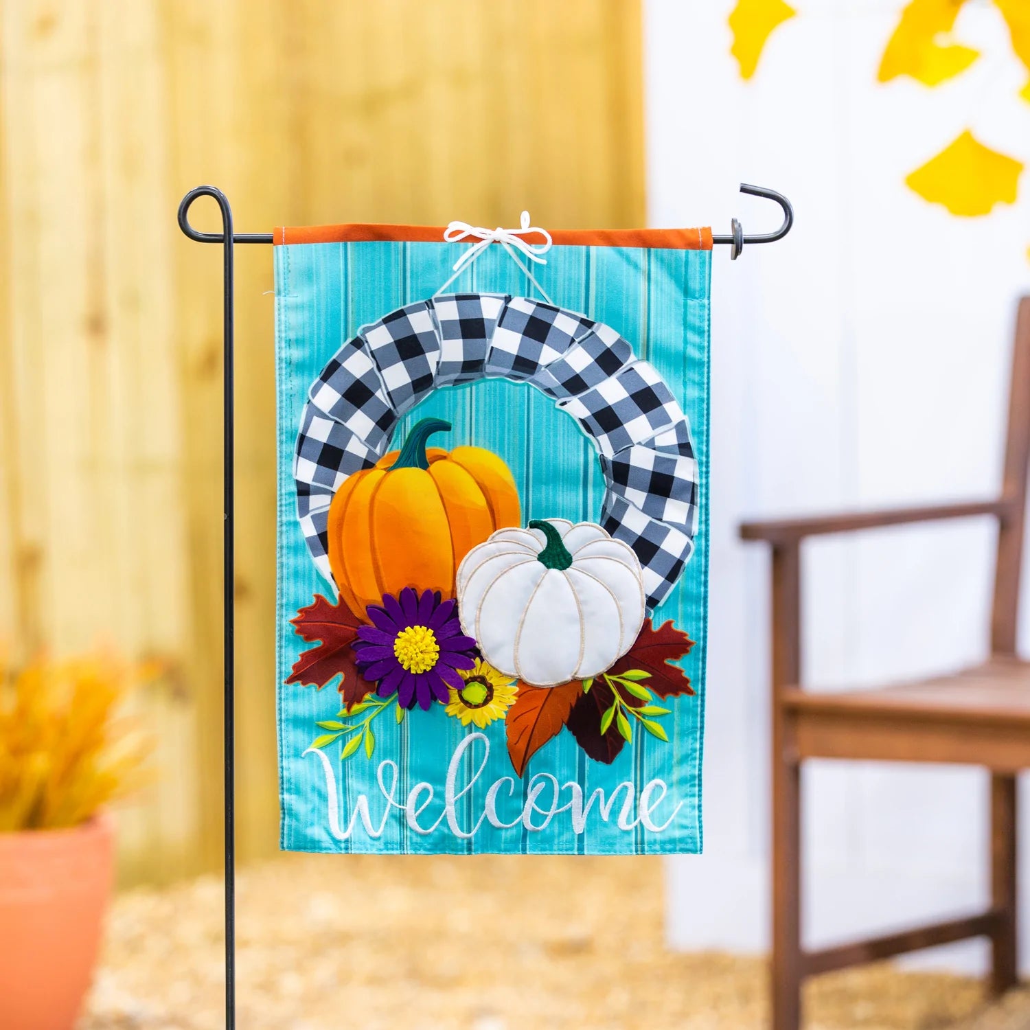 Buffalo Check Fall Wreath Garden Linen Flag - Lake Norman Gifts