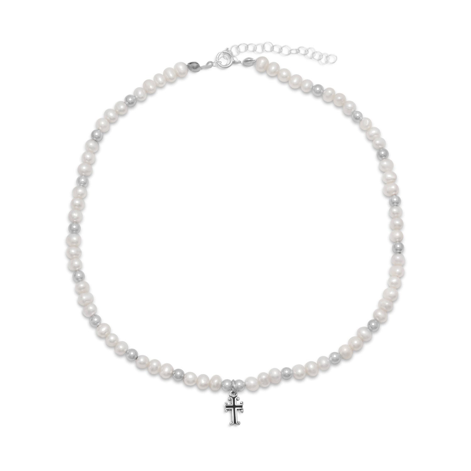 13" +2" Extension White Cultured Freshwater Pearl and Silver Bead Necklace with Cross Drop