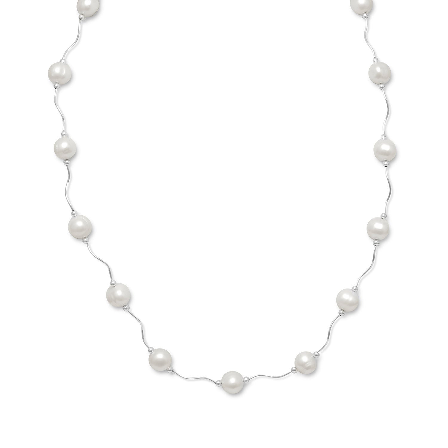17"+2" Extension Wave Design Necklace with Cultured Freshwater Pearls