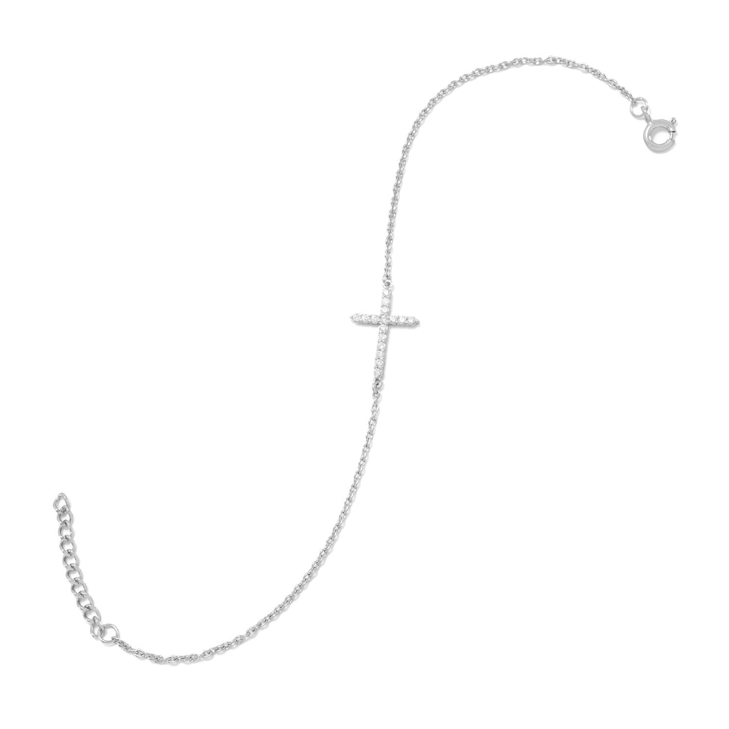 7" + 1" Rhodium Plated CZ Sideways Cross Bracelet