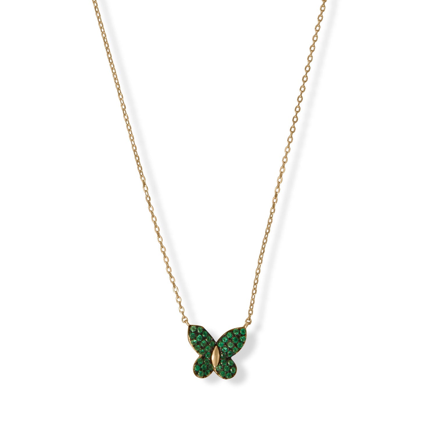 15" + 2" 14 Karat Gold Plated Green CZ Butterfly Necklace