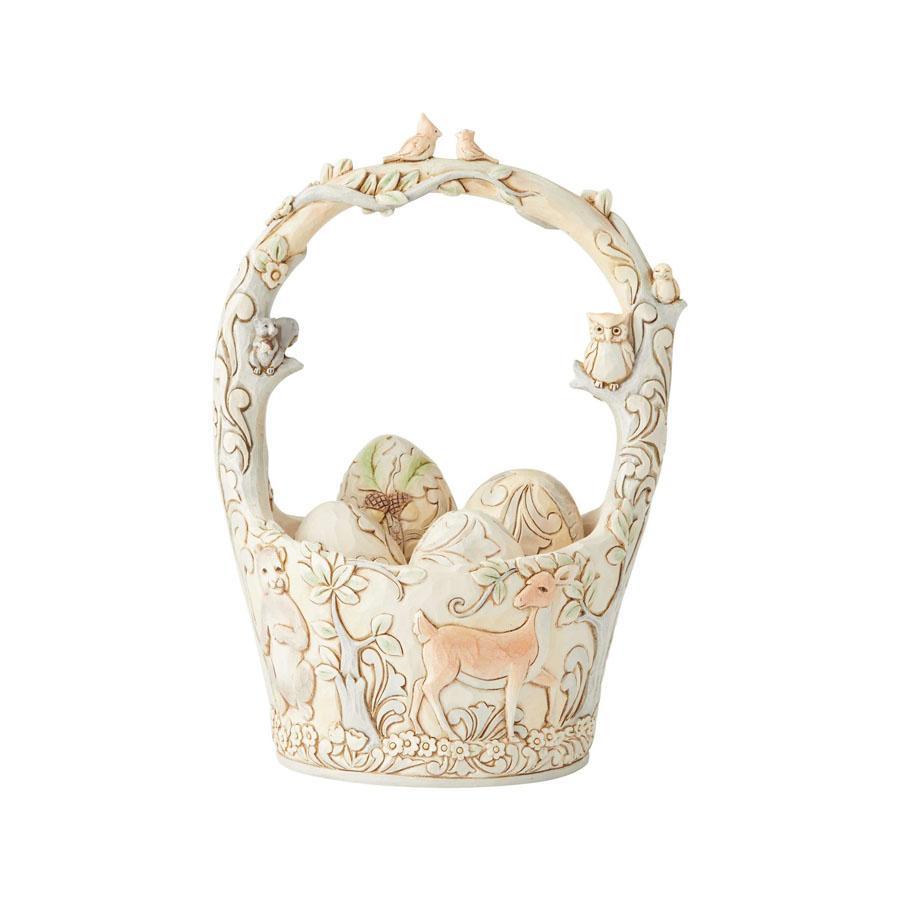 White Woodland Basket with 4 eggs - Lake Norman Gifts