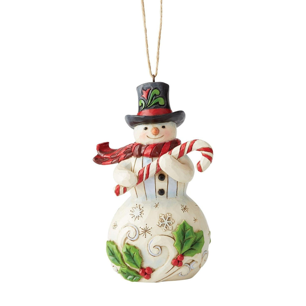 Snowman With Candy Cane Hanging Ornament - Lake Norman Gifts