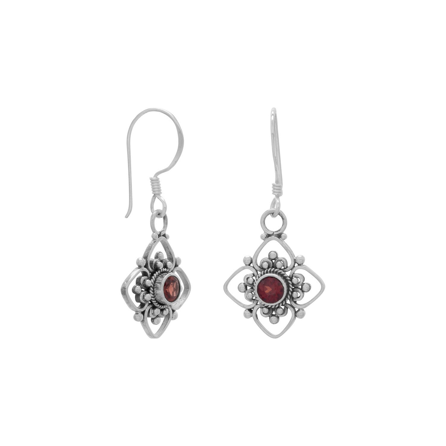 Faceted Garnet and Flower Design French Wire Earrings