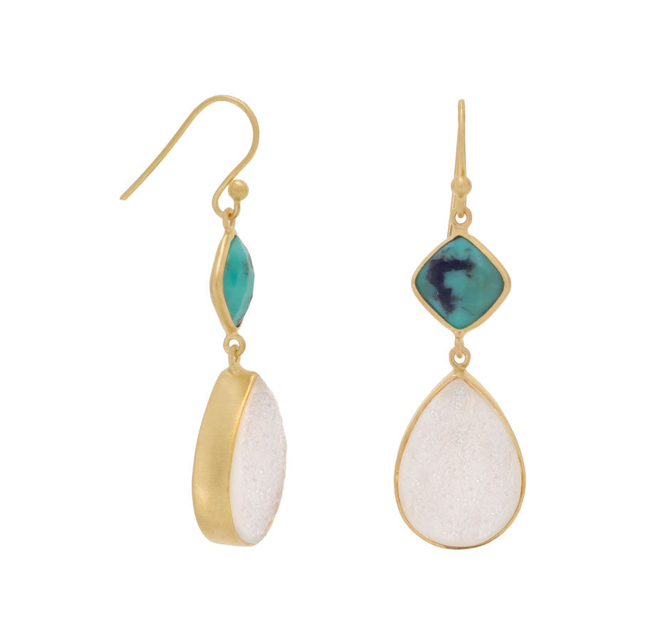 14K Gold Plated Earrings with Stabilized Turquoise and Druzy