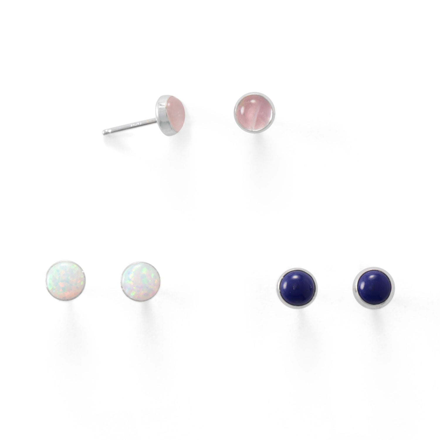 Set of 3 Synthetic White Opal, Lapis, and Rose Quartz Button Studs