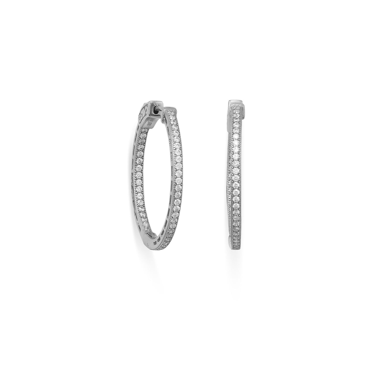 Rhodium Plated Round In/Out CZ Hoop Earrings