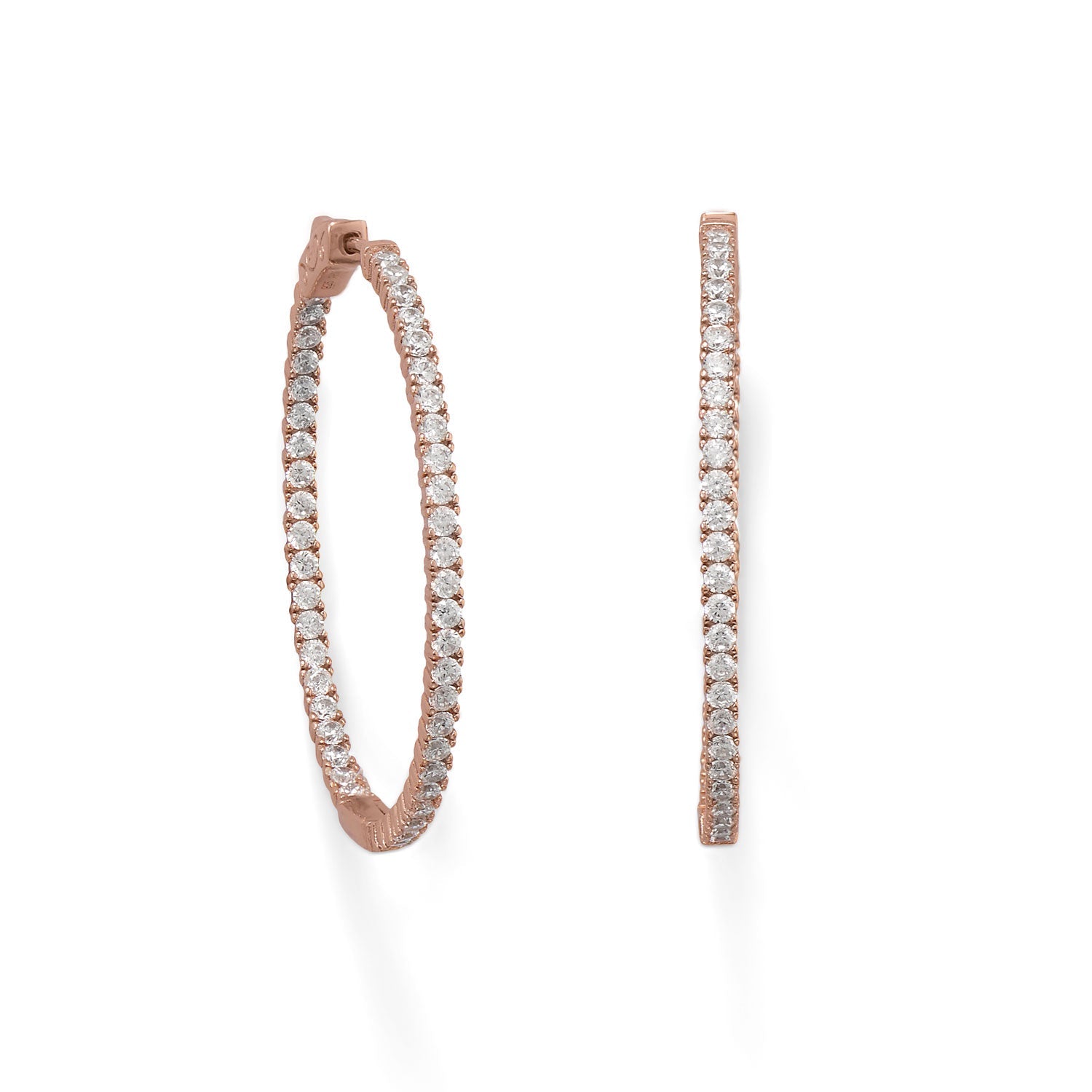 14 Karat Rose Gold Plated Oval In/Out CZ Hoop Earrings