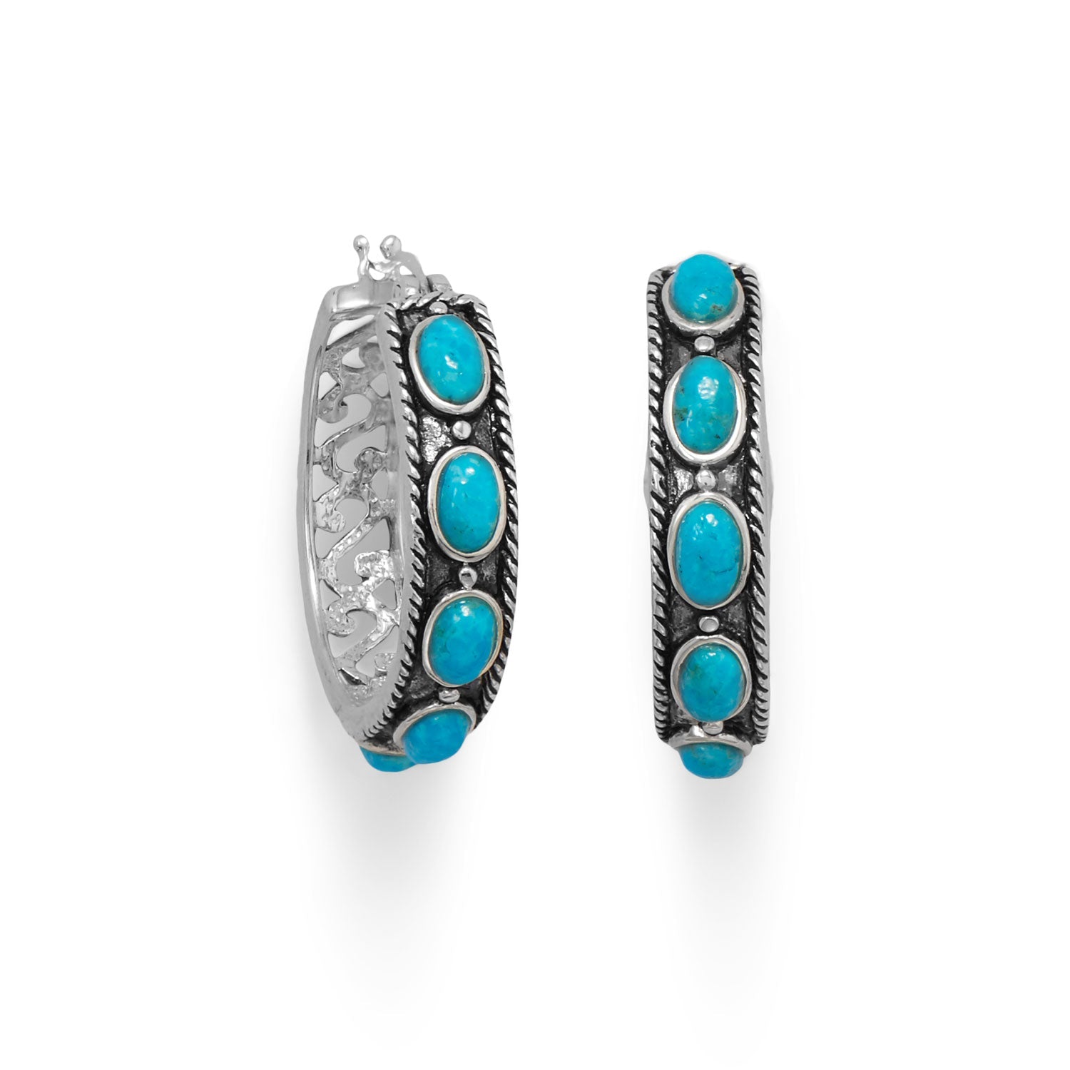Ornate Oxidized Turquoise Hoop Earrings
