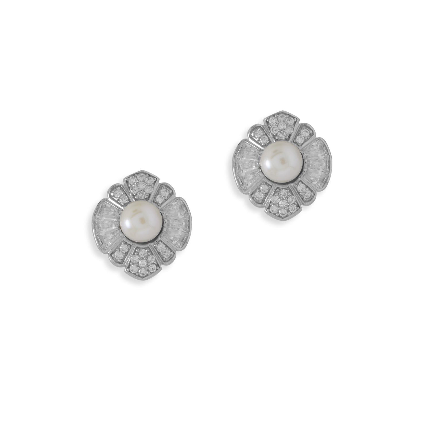 Rhodium Plated CZ and Cultured Freshwater Pearl Flower Earrings