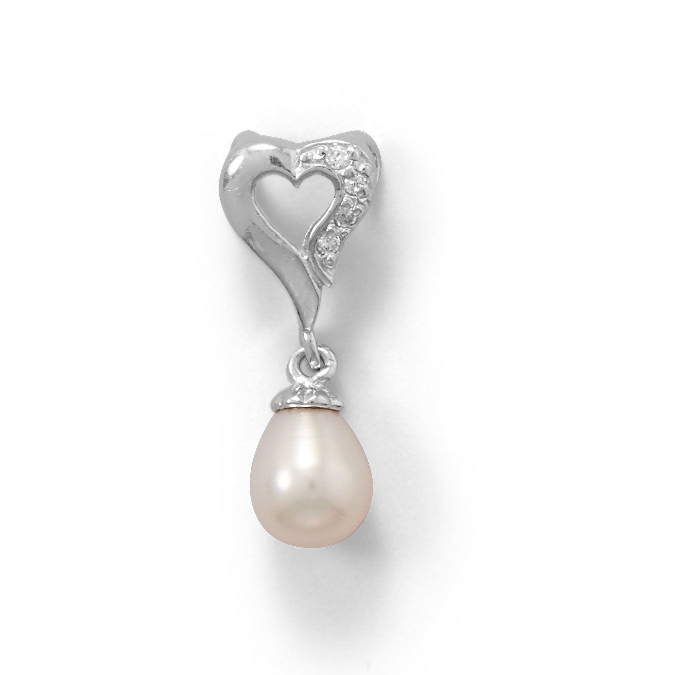 Rhodium Plated Heart Slide with CZ and Cultured Freshwater Pearl