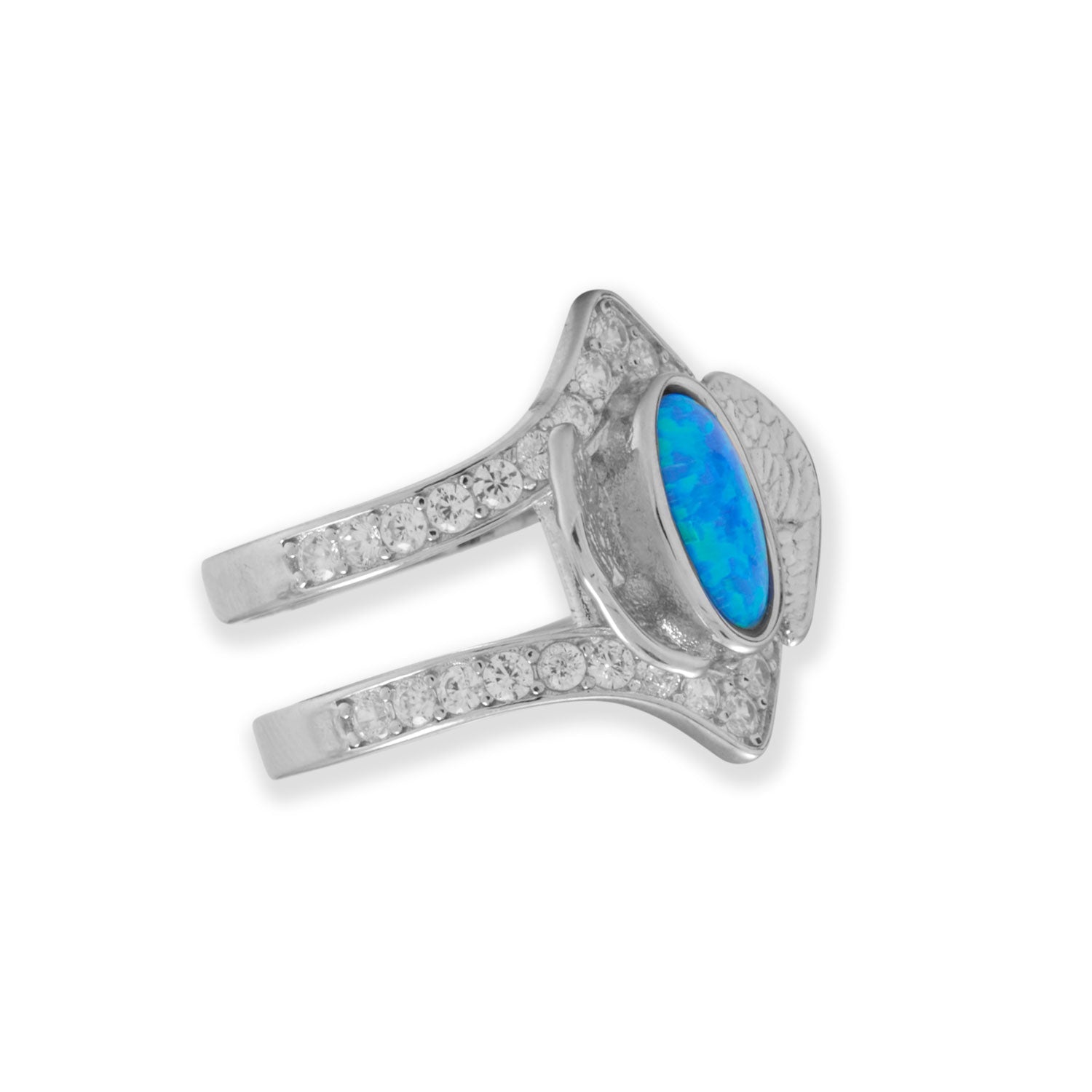 Rhodium Plated CZ Wings Ring with Opal Center
