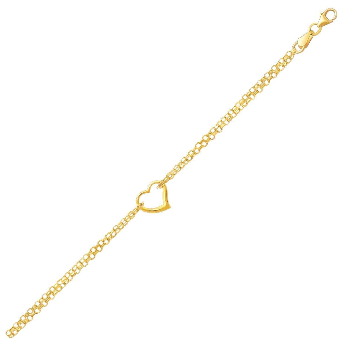 14k Yellow Gold Double Rolo Chain Anklet with an Open Heart Station