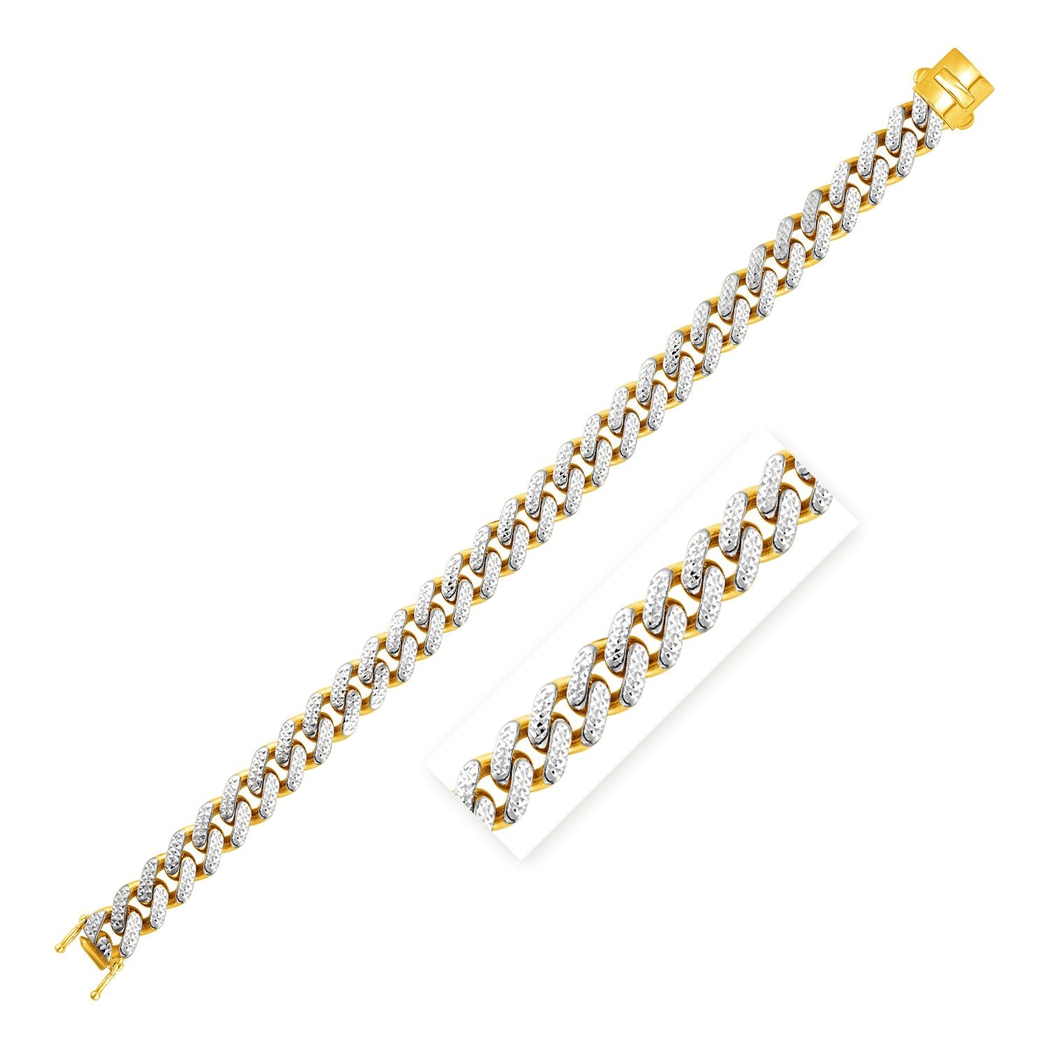 14k Two Tone Gold 8 1/4 inch Curb Chain Bracelet with White Pave
