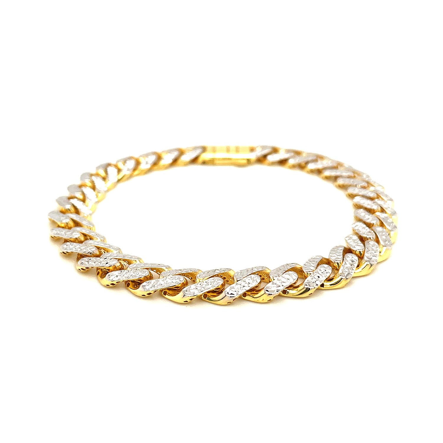 14k Two Tone Gold 8 1/4 inch Curb Chain Bracelet with White Pave