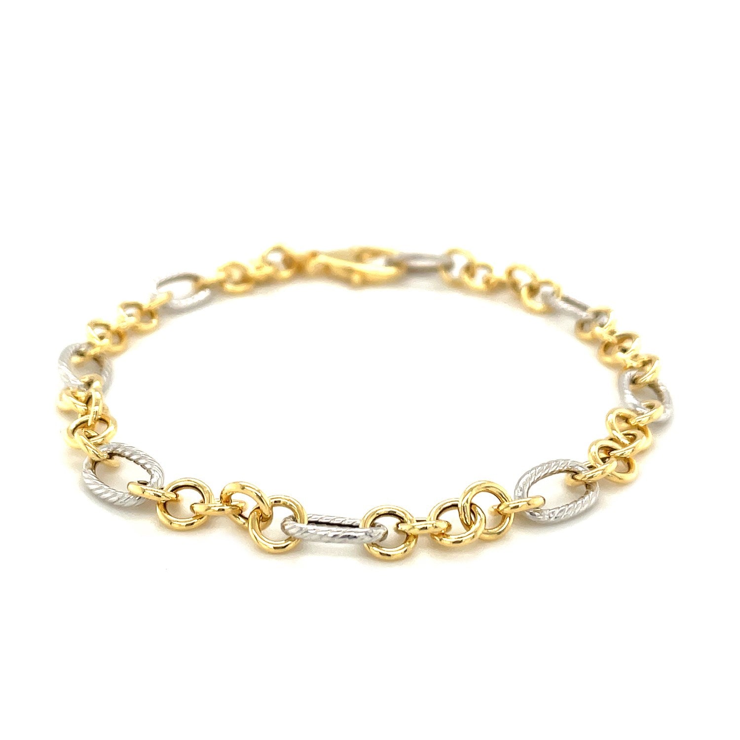 14k Two-Tone Gold Rope Motif Oval and Round Link Chain Bracelet