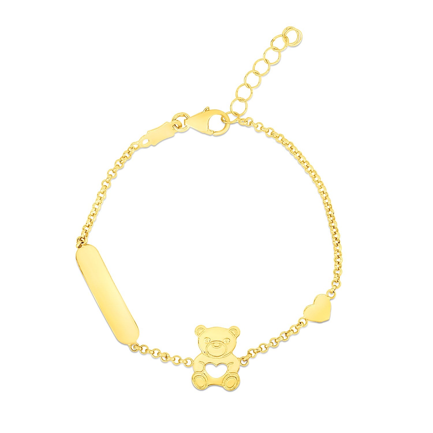 14k Yellow Gold Childrens Bracelet with Teddy Bear Heart and Bar