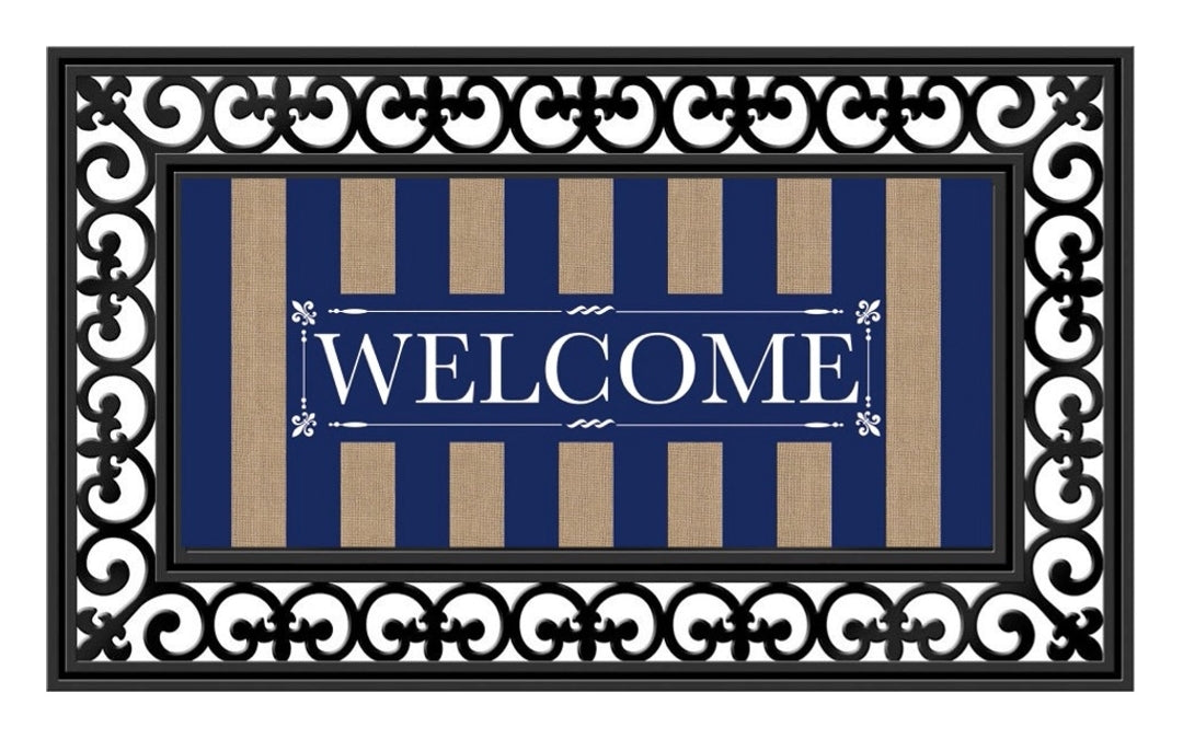 Navy Stripe Welcome Burlap Sassafras Switch Mat