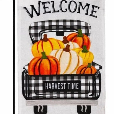 Pumpkin Plaid Truck Garden Burlap Flag - Lake Norman Gifts