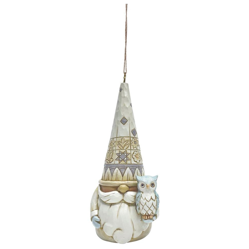 White Woodland Gnome Holding Owl Hanging Ornament