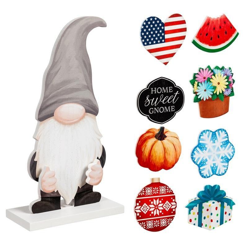Wood Gnome Table Decor with 8 Interchangeable Icon - Lake Norman Gifts